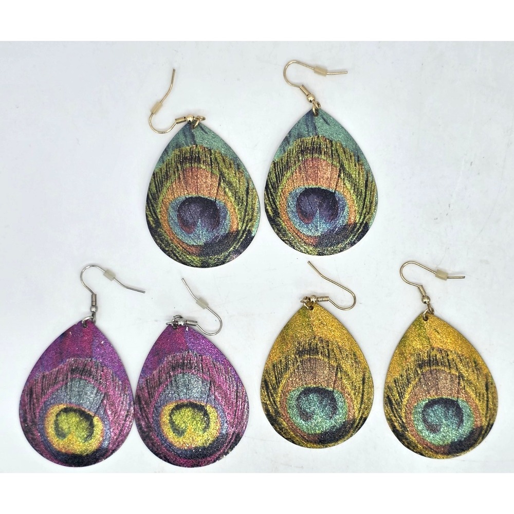 Peacock Feather Earrings Teardrop Dangle Pierced Metallic Shimmer 2" Long (3)